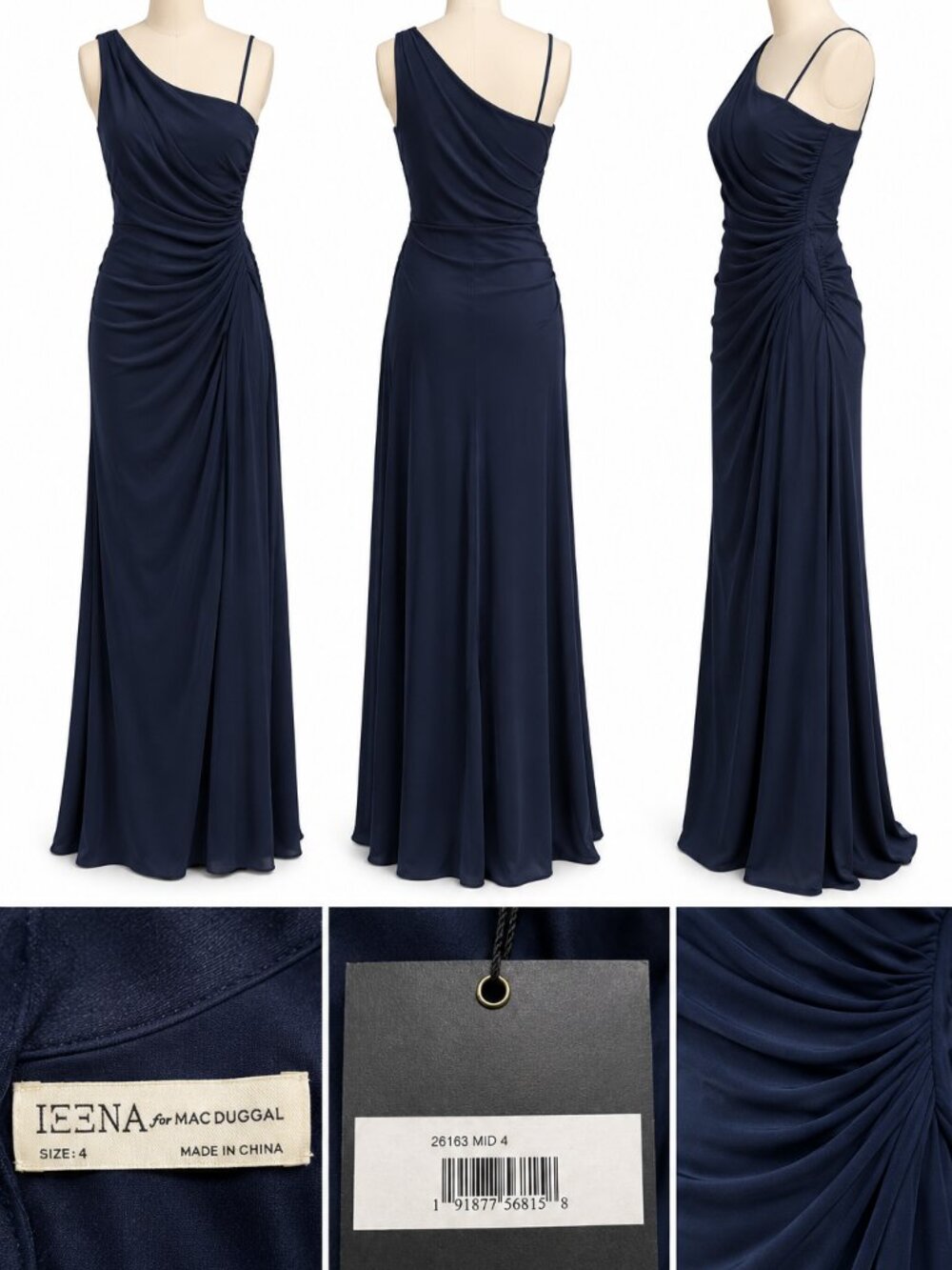 Ieena for Mac Duggal Midnight One-Shoulder Ruched Jersey Evening Gown Size 4 –
